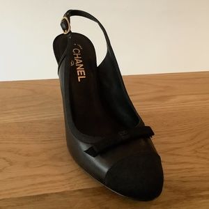 Authentic Chanel toe cap leather sling-back kitten heel